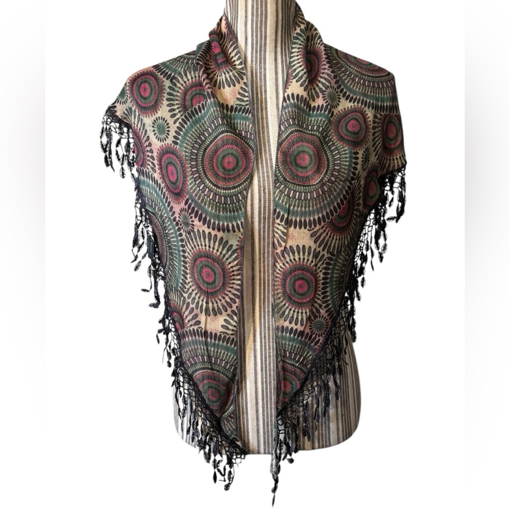 NWT Bohemian Wrap Scarf Mandala Floral Green Pink Black Lace Fringe Triangle NEW
